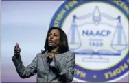  ?? AP PHOTO/CARLOS OSORIO ?? Democratic presidenti­al candidate, Sen. Kamala Harris, D-Calif., currently one of the two leading black candidates in the contest, speaks during a candidates forum July 24 at the 110th NAACP National Convention in Detroit.