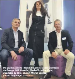  ??  ?? De gauche à droite : Franck Boudinet, leader technique du Garage IBM Bluemix; Marie- Christine Vidal, directrice du CEEI, et Jean-Michel Corrieu, patron du garage. (Photo T.P.)