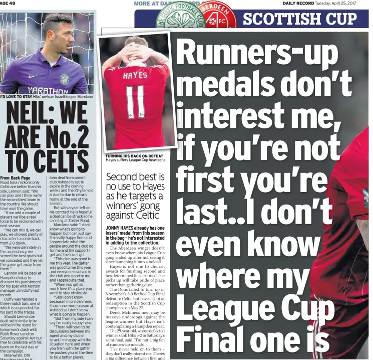  ??  ?? I’D LOVE TO STAY Hibs’ on-loan Israeli keeper Marciano TURNING HIS BACK ON DEFEAT Hayes suffers League Cup heartache