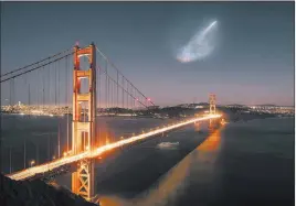  ?? Justin Borja ?? The Associated Press A Spacex Falcon 9 rocket launch is seen in the distance Sunday night over the Golden Gate Bridge near Sausalito, Calif.