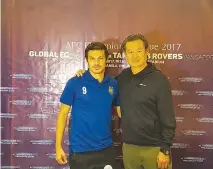  ??  ?? GLOBAL FC captain Misagh Bahadoran (L) and new coach Toshiaki Imai pose for photo at their pre-Asian Football Confederat­ion Champions League match press conference yesterday.