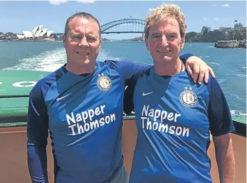  ??  ?? Lochee fans Down Under! Lochee United boss George Shields (left) is currently on holiday in Sydney, Australia where he met up with Dundonian Jimmy Murray, who originally came from the Hilltown (see more below).