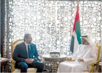  ?? (Reuters) ?? ABU DHABI Crown Prince Sheikh Muhammad bin Zayed al-Nahyan meets with former Lebanese prime minister Sa’ad Hariri, shown in this handout picture provided by Emirates News Agency WAM, in Abu Dhabi on Tuesday.