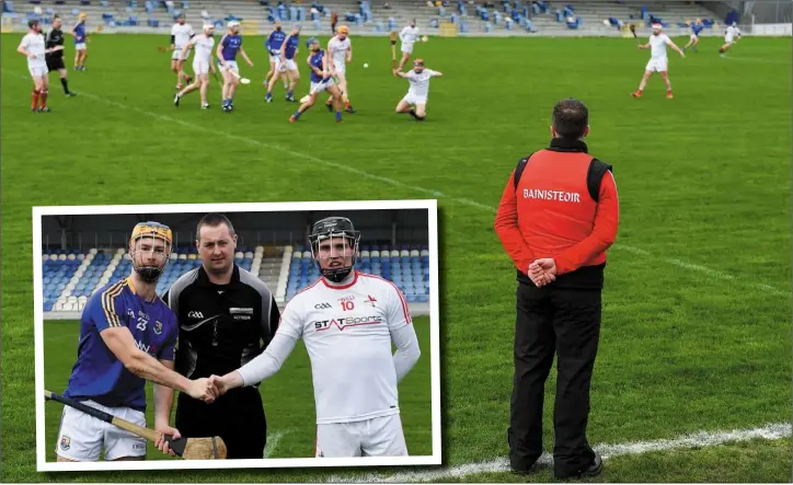  ??  ?? New Louth boss Paul McCormack watches the action at Pearse Park, while inset, referee Shane Guinan lines up with team captains John Mulhern and David Kettle.