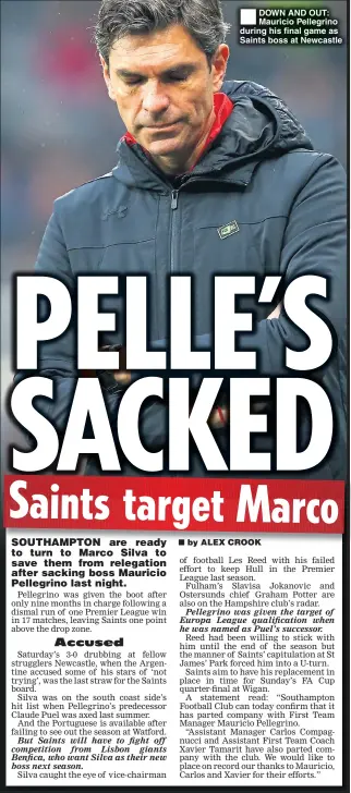  ??  ?? DOWN AND OUT: Mauricio Pellegrino during his final game as Saints boss at Newcastle