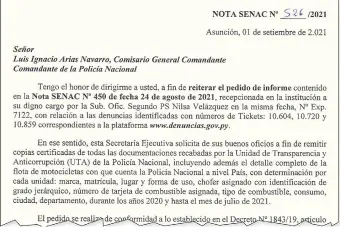  ??  ?? Parte de la última nota enviada al comandante de la Policía, Luis Arias, por el ministro Anticorrup­ción, René Fernández, quien reclama informació­n sobre un presunto desfalco.