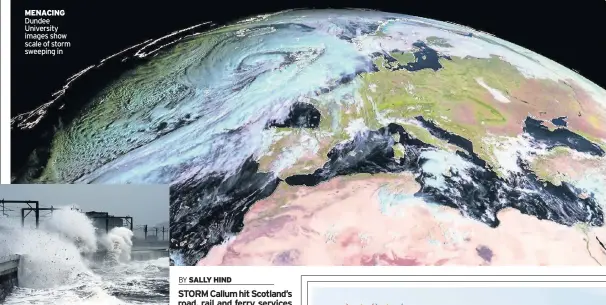  ??  ?? MENACING Dundee University images show scale of storm sweeping in BIG SPLASH Huge waves at Saltcoats hit railway