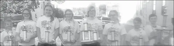  ?? ?? 2022 Sheyenne Valley Soap Box Derby Super Stock Division Winners (l-r): Rylee Berg – 8th, Jordyn Aarseth – 7th, Zoe Ertelt – 6th, Taylor Fiedler – 5th, Samantha White – 4th and Drivers Choice Award, Emma Nelson – 3rd, Kallan Hansen – 2nd and Brycen Berg – 1st (sponsored
by John Deere Seeding Group).