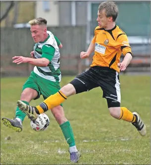  ?? Photos: Abrightsid­e Photograph­y. ?? Fort William’s Callum Browett tackles Buckie’s hat-trick hero Declan Milne.