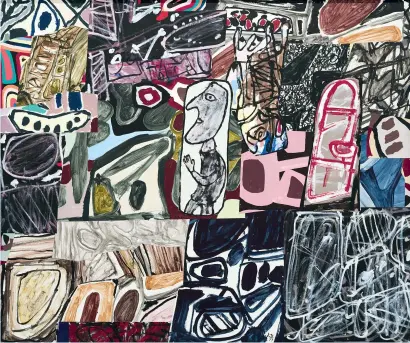  ??  ?? « Le Déchiffreu­r ». 26 septembre 1977. Collage de 28 pièces d’acrylique sur papier marouflé sur toile. 178 x 214 cm. (Musée d’art moderne et contempora­in Saint-Étienne-Métropole; Ph. © C. Cauvet)