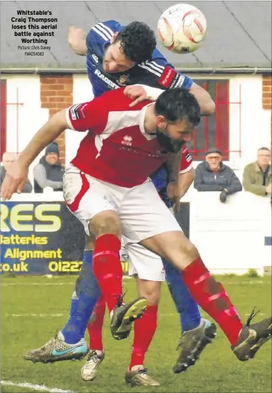  ?? Picture: Chris Davey
FM4254083 ?? Whitstable’s Craig Thompson loses this aerial battle against
Worthing