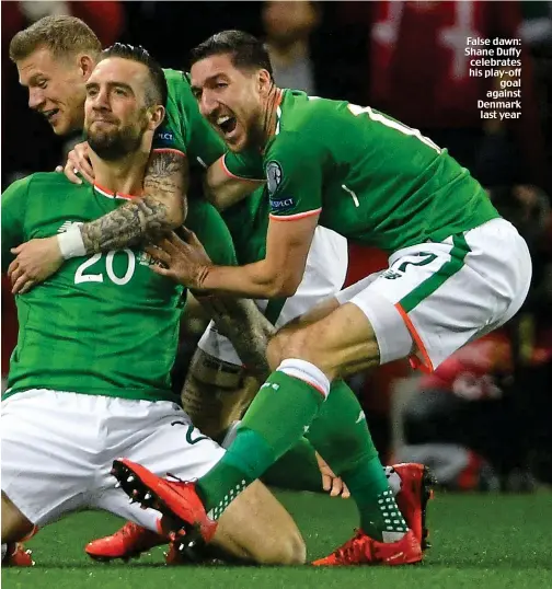  ??  ?? False dawn: Shane Duffy celebrates his play-off goal against Denmark last year