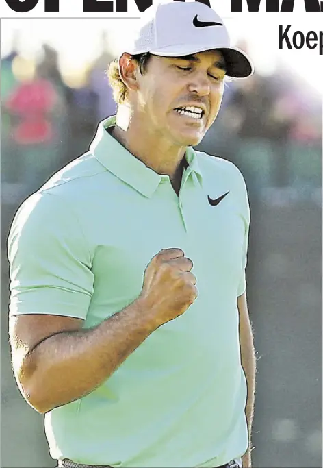  ??  ?? Brooks Koepka celebrates on 18th green after finishing off major victory in U.S. Open at Erin Hills on Sunday, but unknown golfer and new Open course don’t provide nearly enough dramatics or star power.