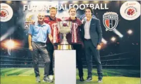  ?? ISL / SPORTZPICS ?? ISL coaches (from left) Steve Coppell of (JFC) Teddy Sheringham (ATK), Miguel Portugal (Dynamos) and Joad de Deus (North East) will test their football philosophy.
