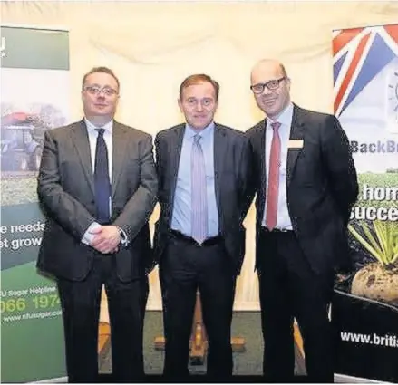  ?? Pictured at the gathering in Westminste­r are, from left: Michael Sly, chairman of NFU Sugar; farming minister George Eustice; and Paul Kenward, managing director of British Sugar ??