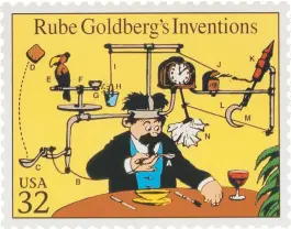  ??  ?? A 1995 US postage stamp adapted from artwork by Rube Goldberg in Collier’s, September 26, 1931