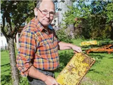  ?? Foto: Julian Würzer ?? Heinrich Pfaff aus Ederheim schaut nach, wie weit das Bienenvolk beim Züchten der Königin ist.