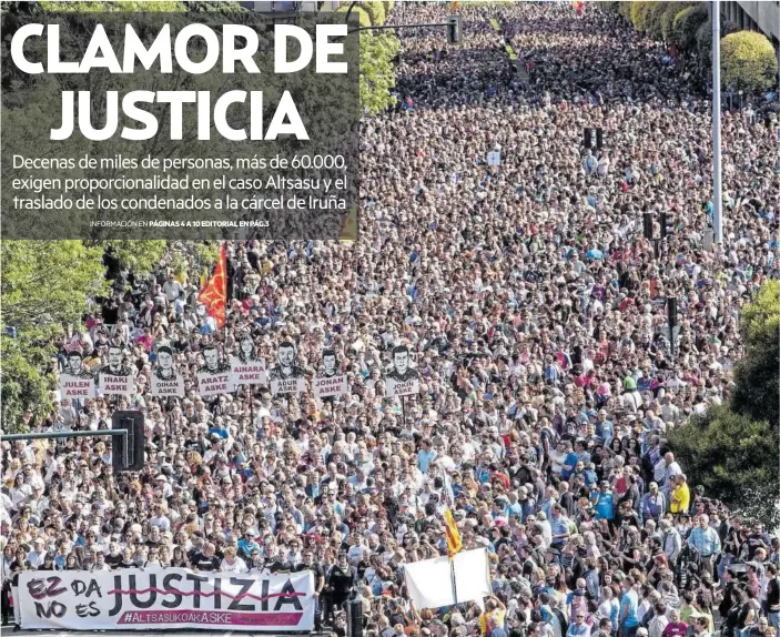  ?? Foto: Patxi Cascante/iban Aguinaga/iñai Porto ?? La cabecera de la masiva manifestac­ión, incluso más que la del pasado 14 de abril, a la altura de la plaza de los Fueros.