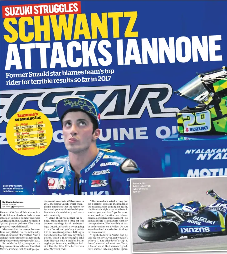  ??  ?? Schwantz wants to see more effort and belief from Iannone Iannone has failed to carry on where Vinales left off