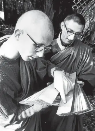  ?? GETTY ?? Dennis Lingwood, right, otherwise known as Sangharaks­hita, gives lessons in Buddhism in Hampstead, north London, circa 1960.