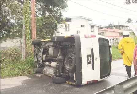  ??  ?? What do we have here?
A traffic cop surveying the scene found minibus GRR 7974 flipped on its side on Friday afternoon along Pere Street, Kitty, after the driver reportedly lost control while negotiatin­g the Russian Embassy S-curve. The driver related...