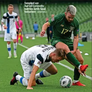  ?? SPORTSFILE ?? Tangled up: Aaron Connolly battles with Saul Vaisanen