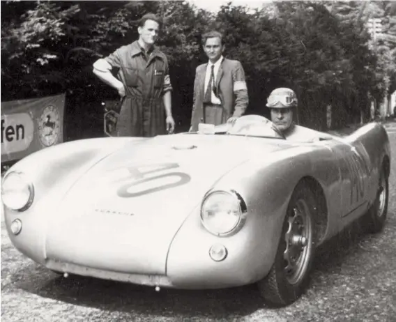  ??  ?? Above: At the Schauinsla­nd hillclimb in 1953, Fuhrmann standing behind the 550 Spyder of Hans Stuck. Stuck finished third, with fellow Porsche driver Hans Herrmann taking the win