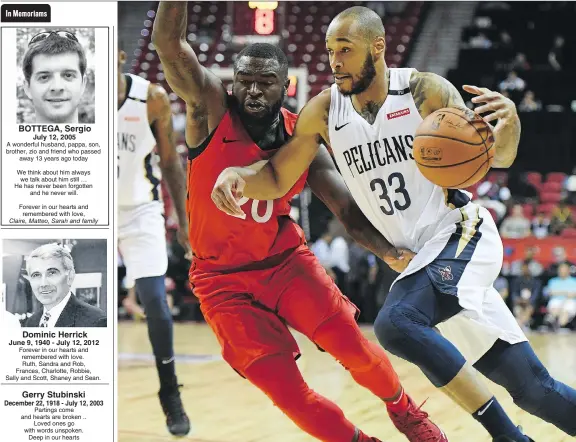  ?? GETTY IMAGES ?? Giddy Potts, left, of the Toronto Raptors defends against Garlon Green of the New Orleans Pelicans during Summer League action in Las Vegas. Potts has been among the more impressive Raptors to date.