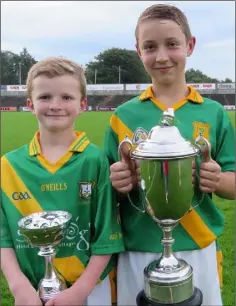  ??  ?? Brian O’Meara and Michael Butler, two happy captains at the Cumann na mBunscol Rackard League finals in Innovate Wexford Park. Michael was captain of the Roinn ‘A’ hurling team while Brian was captain of the ‘B’ team which competed in a special league...