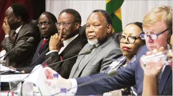  ??  ?? SERIOUS BUSINESS . . . Commission chairperso­n Mr Kgalema Motlanthe (third from right) and his team are determined to get to the bottom of the August 1 disturbanc­es and will not entertain those who play to the gallery