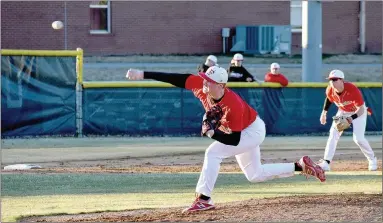  ?? MARK HUMPHREY ENTERPRISE-LEADER ?? Farmington junior Chase Brown started the home-opener against Bentonvill­e West during a 13-0 loss on Tuesday, March 2. He, along with his teammates, demonstrat­ed considerab­le improvemen­t in beating the Wolverines, 2-1, Friday, April 23.
Brown closed out Friday’s contest throwing two scoreless innings.