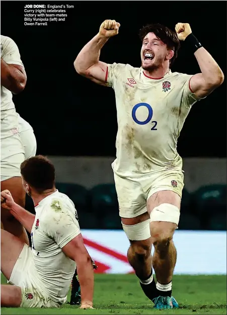  ??  ?? JOB DONE: England’s Tom Curry (right) celebrates victory with team-mates Billy Vunipola (left) and Owen Farrell