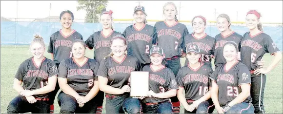  ?? PHOTO BY RICK PECK ?? The 2016 McDonald County Lady Mustang softball team won the 17th annual Carthage Softball Invitation­al held Sept. 30 - Oct.1 at Carthage High School. Front row, from left: Kylie Helm, Skylar Wright, Paige Jones, Hanna Schmit, Kali McClain and Aubrie...