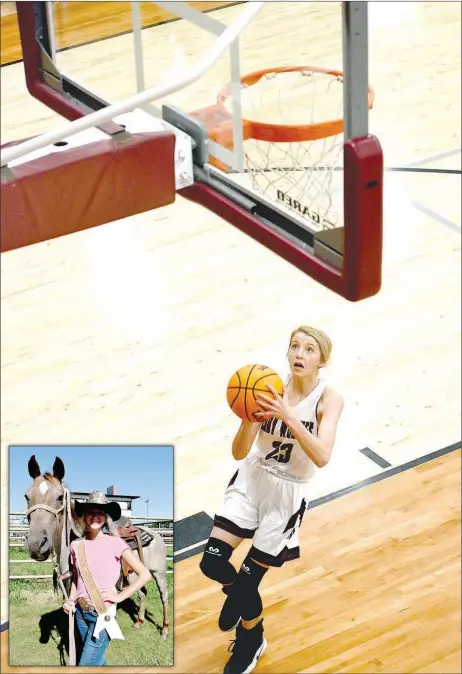  ?? MARK HUMPHREY ENTERPRISE-LEADER ?? Lincoln’s Landree Cunningham, shown during her sophomore season of 2019-20, scores on this breakaway layup after making a steal. A multisport athlete, Cunningham also won the 2019 Lincoln Riding Club Rodeo queen crown. Inset: Cunningham, 17, will preside over the 67th annual Lincoln Rodeo at the Lincoln Riding Club Arena one mile west of town Aug. 6-8.