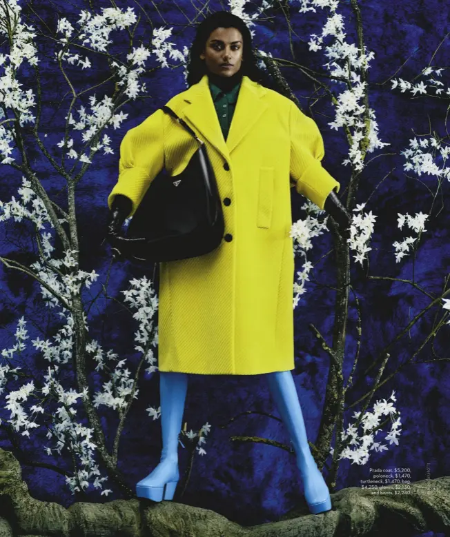  ??  ?? Prada coat, $5,200, poloneck, $1,470, turtleneck, $1,470, bag, $4,250, gloves, $2,130, and boots, $2,240.