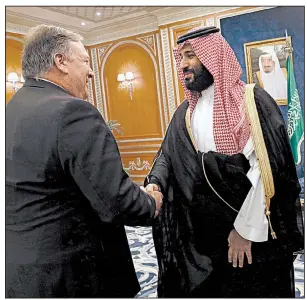  ?? AP/LEAH MILLIS ?? Secretary of State Mike Pompeo is greeted by Crown Prince Mohammed bin Salman in Riyadh, Saudi Arabia, during his meeting with top Saudi officials Tuesday.