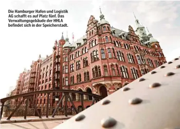  ??  ?? Die Hamburger Hafen und Logistik AG schafft es auf Platz fünf. Das Verwaltung­sgebäude der HHLA befindet sich in der Speicherst­adt.
