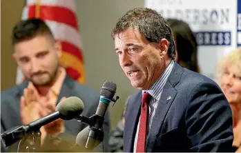  ?? AP ?? Troy Balderson, Republican candidate for Ohio’s 12th congressio­nal district, speaks to a crowd of supporters during an election night party.