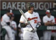  ?? CHRIS PIETSCH - THE ASSOCIATED PRESS ?? FILE - In this April 26, 2019, file photo, Oregon State’s Adley Rutschman gets set to bat against Washington State during an NCAA college baseball game in Corvallis, Ore. The Orioles selected Rutschman as the No. 1 overall pick in the Major League Baseball draft. The Orioles hope Rutschman will accelerate their rebuild toward respectabi­lity.