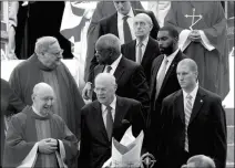  ?? ASSOCIATED PRESS ?? U.S. SUPREME COURT JUSTICES STEPHEN BREYER (top), Clarence Thomas (center) and Anthony Kennedy, leave St. Mathews Cathedral, after the Red Mass in Washington on Sunday. The Supreme Court’s new term starts Monday.