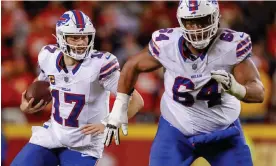  ?? Photograph: David Eulitt/Getty Images ?? Josh Allen of the Buffalo Bills carries the ball during the second half of Sunday’s win over the Kansas City Chiefs at Arrowhead Stadium.