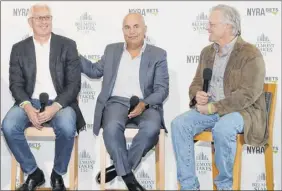  ?? Kathy Willens / Associated Press ?? From left, trainers Todd Pletcher, Mark Casse and Bill Mott attend a news conference on Tuesday following the draw for Saturday’s Belmont Stakes.