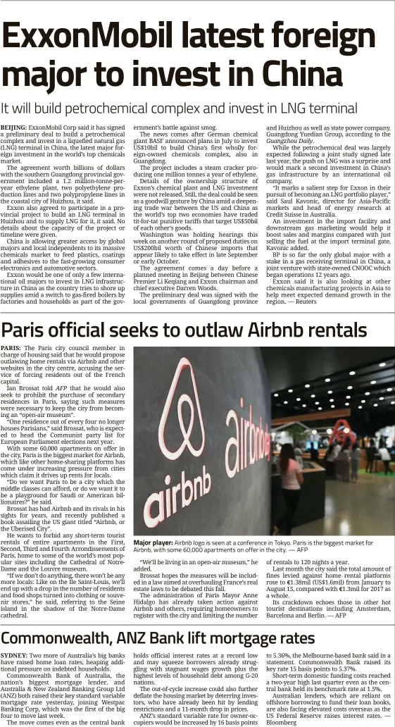  ??  ?? Major player: Airbnb logo is seen at a conference in Tokyo. Paris is the biggest market for Airbnb, with some 60,000 apartments on offer in the city. — AFP