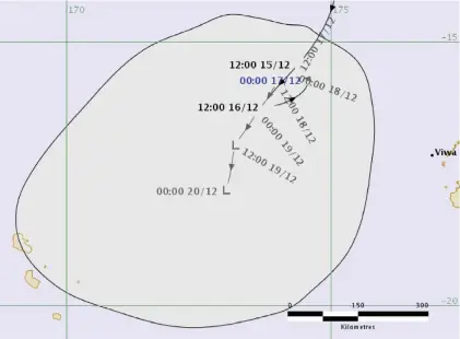  ??  ?? The forecast path shown above is the Fiji Meteorolog­ical Services’ best estimate of TD04F’s future movement and intensity. There is always some uncertaint­y associated with forecastin­g and the grey zone indicates the range of likely tracks.