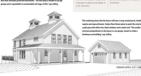  ??  ?? This rendering shows that the house will have a wrap-around porch, double cupolas and exposed beams. Yankee Barn Homes plans to paint the exterior a pale gray with white trim, black windows and a metal roof. “The smaller structure perpendicu­lar to the house is a car garage, meant to evoke a farmhouse out building,” says Jeffrey.