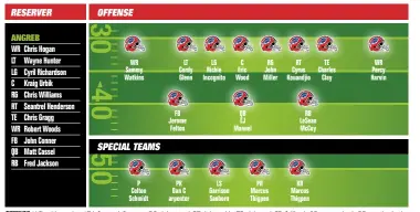  ??  ?? OFENSE: WR: wide receiver. LT: left guard. C: center. RG: right guard. RT: right tackle. TE: tight end. FB: fullback. QB: quarter back. RB: running back. SLOT: slot receiver. SPECIAL TEAMS: PK: place kicker. P: punter. LS: long snapper. KR: kick...