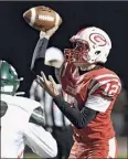  ?? Hans Pennink / Times Union ?? Guilderlan­d quarterbac­k Logan Broomhall has completed 25 of 43 passes.