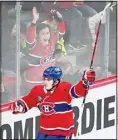  ?? (AP) ?? Montreal Canadiens’ Kirby Dach reacts after scoring against the Vancouver Canucks during the first period of an NHL hockey game in Montreal.