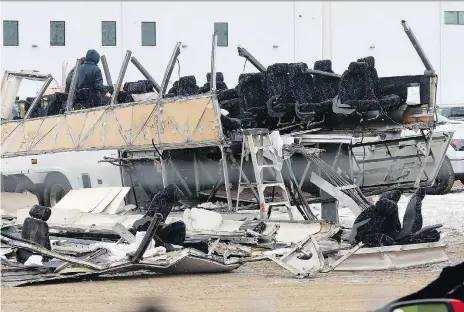  ?? MICHELLE BERG ?? The remains of the Humboldt Broncos’ bus sits in Saskatoon’s Astro Towing yard in the days after the April 6 crash. On Friday, RCMP announced that after a long investigat­ion in which ‘every piece of informatio­n was carefully examined’, they were charging Jaskirat Sidhu of Calgary.