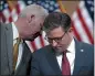  ?? THE ASSOCIATED PRESS ?? House Speaker Mike Johnson, R-LA., right, confers with Majority Whip Tom Emmer, R-minn.,at the Capitol earlier this month.